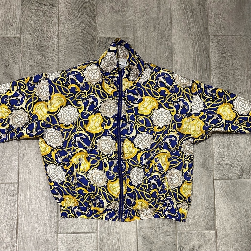 Vintage 100% Silk Patterned Jacket - Blue and Yellow